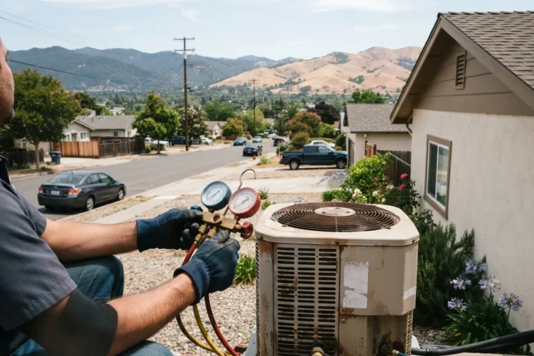Technician checking refrigerant pressure on an outdoor AC unit