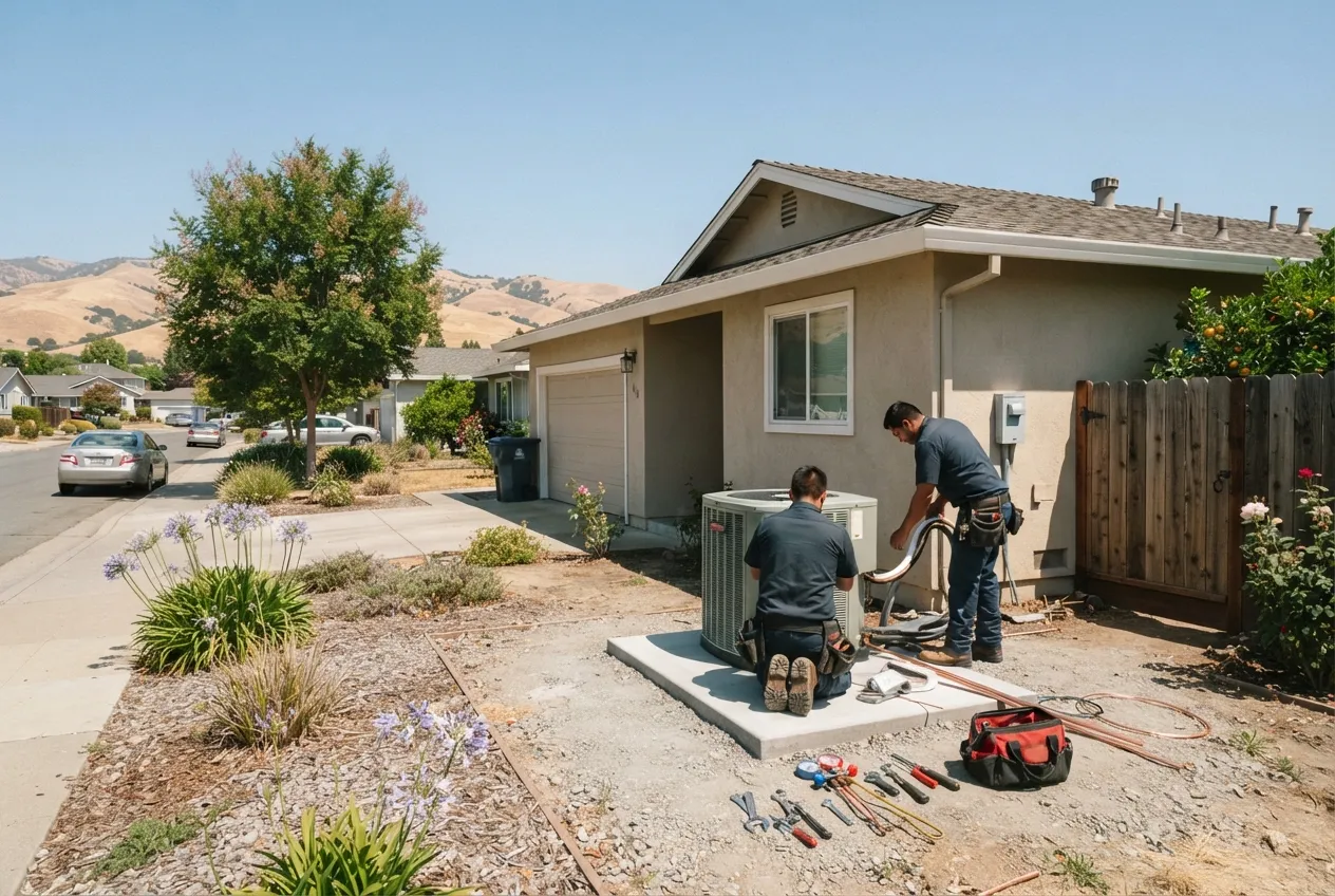 Technicians installing a new outdoor air conditioning unit beside a home